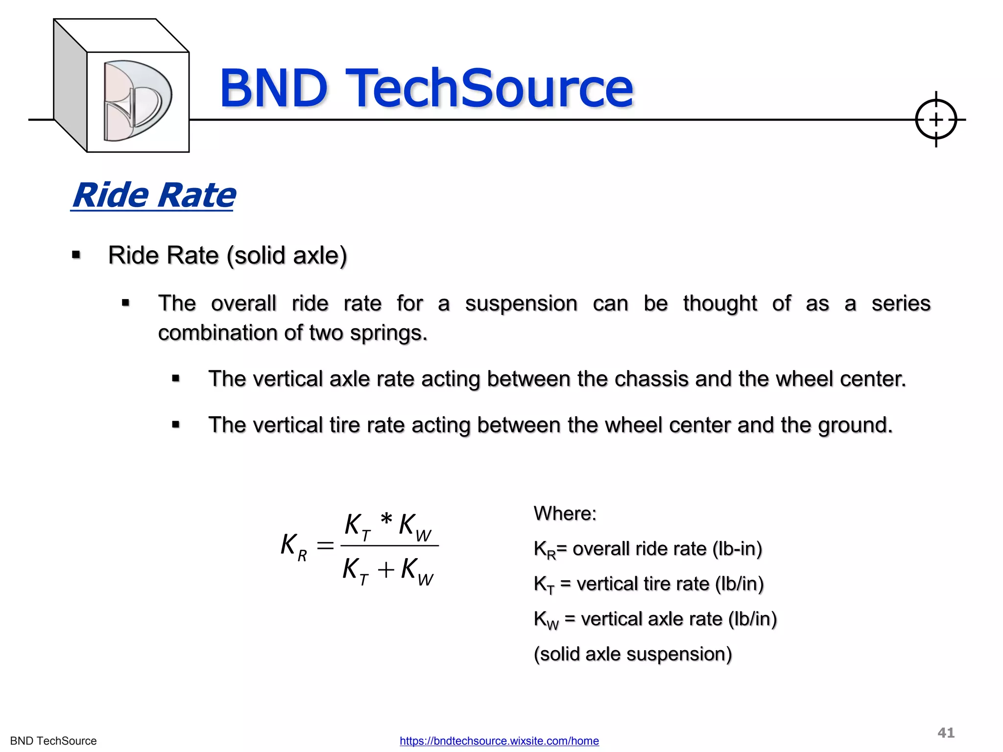 BND TechSource
BND TechSource https://bndtechsource.wixsite.com/home
Ride Rate
▪ Ride Rate (solid axle)
▪ The overall ride rate for a suspension can be thought of as a series
combination of two springs.
▪ The vertical axle rate acting between the chassis and the wheel center.
▪ The vertical tire rate acting between the wheel center and the ground.
Where:
KR= overall ride rate (lb-in)
KT = vertical tire rate (lb/in)
KW = vertical axle rate (lb/in)
(solid axle suspension)
W
T
W
T
R
K
K
K
K
K
+
=
*
41
 
