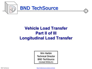 BND TechSource
BND TechSource https://bndtechsource.wixsite.com/home
Vehicle Load Transfer
Part II of III
Longitudinal Load Transfer
Wm Harbin
Technical Director
BND TechSource
(revised 04JUL21)
 