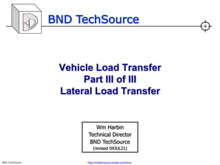 BND TechSource
BND TechSource https://bndtechsource.wixsite.com/home
Vehicle Load Transfer
Part III of III
Lateral Load Transfer
Wm Harbin
Technical Director
BND TechSource
(revised 04JUL21)
 