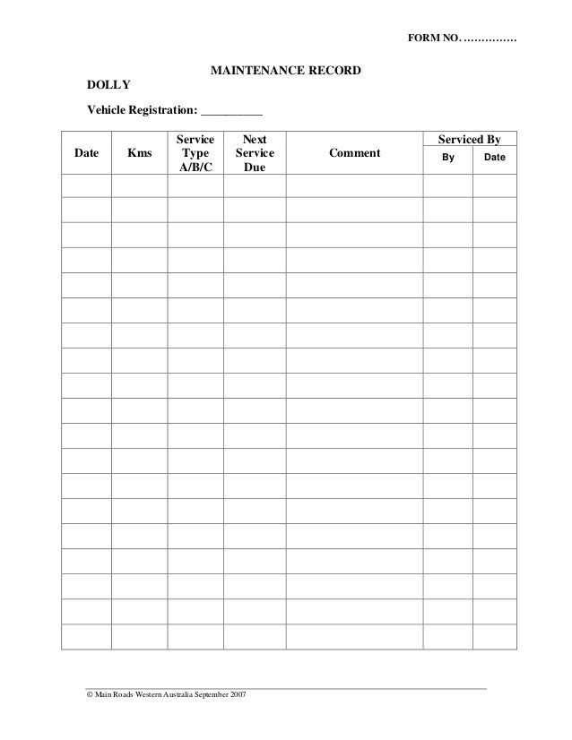 Vehicle Maintenance Register For Truck Dolly And Trailer