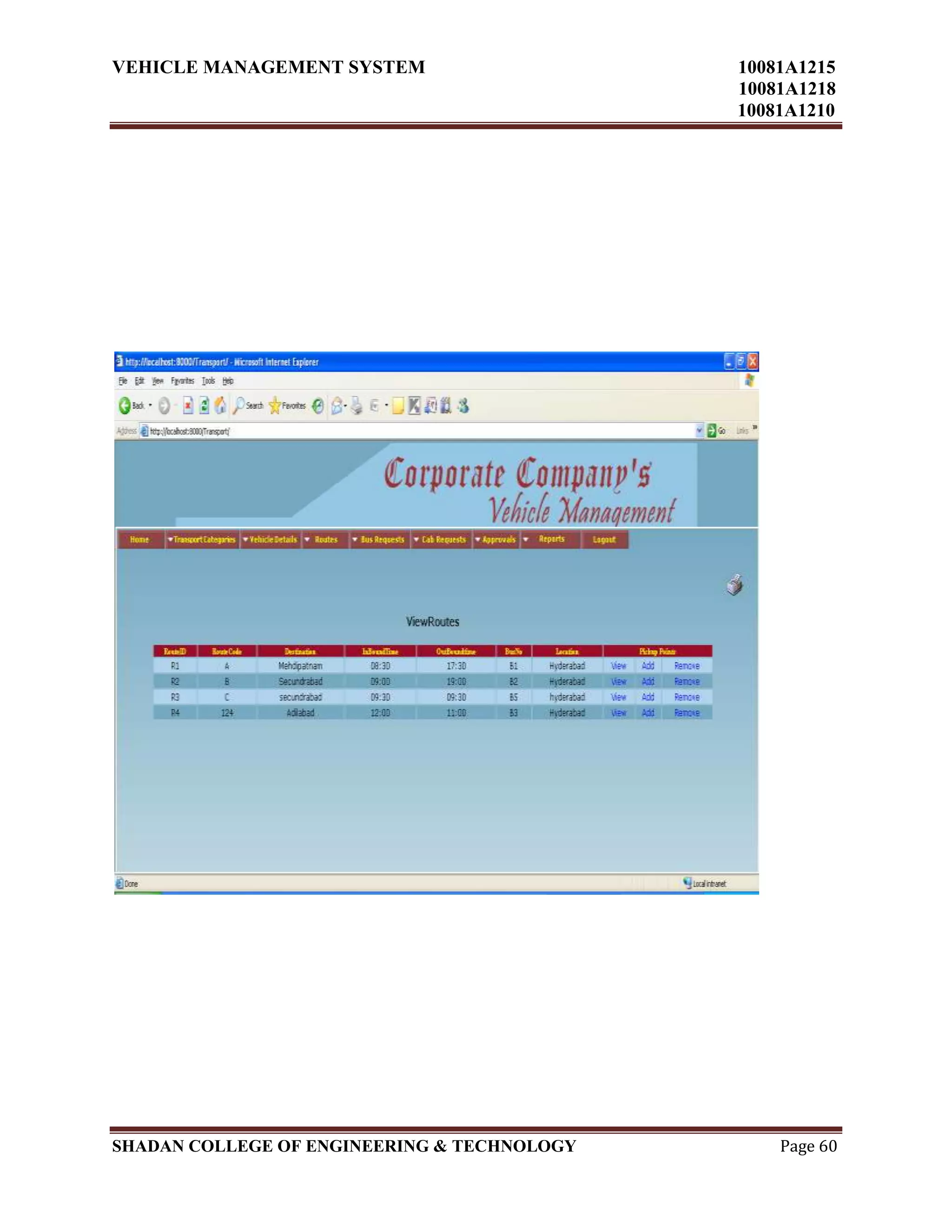 VEHICLE MANAGEMENT SYSTEM 10081A1215
10081A1218
10081A1210
SHADAN COLLEGE OF ENGINEERING & TECHNOLOGY Page 60
 