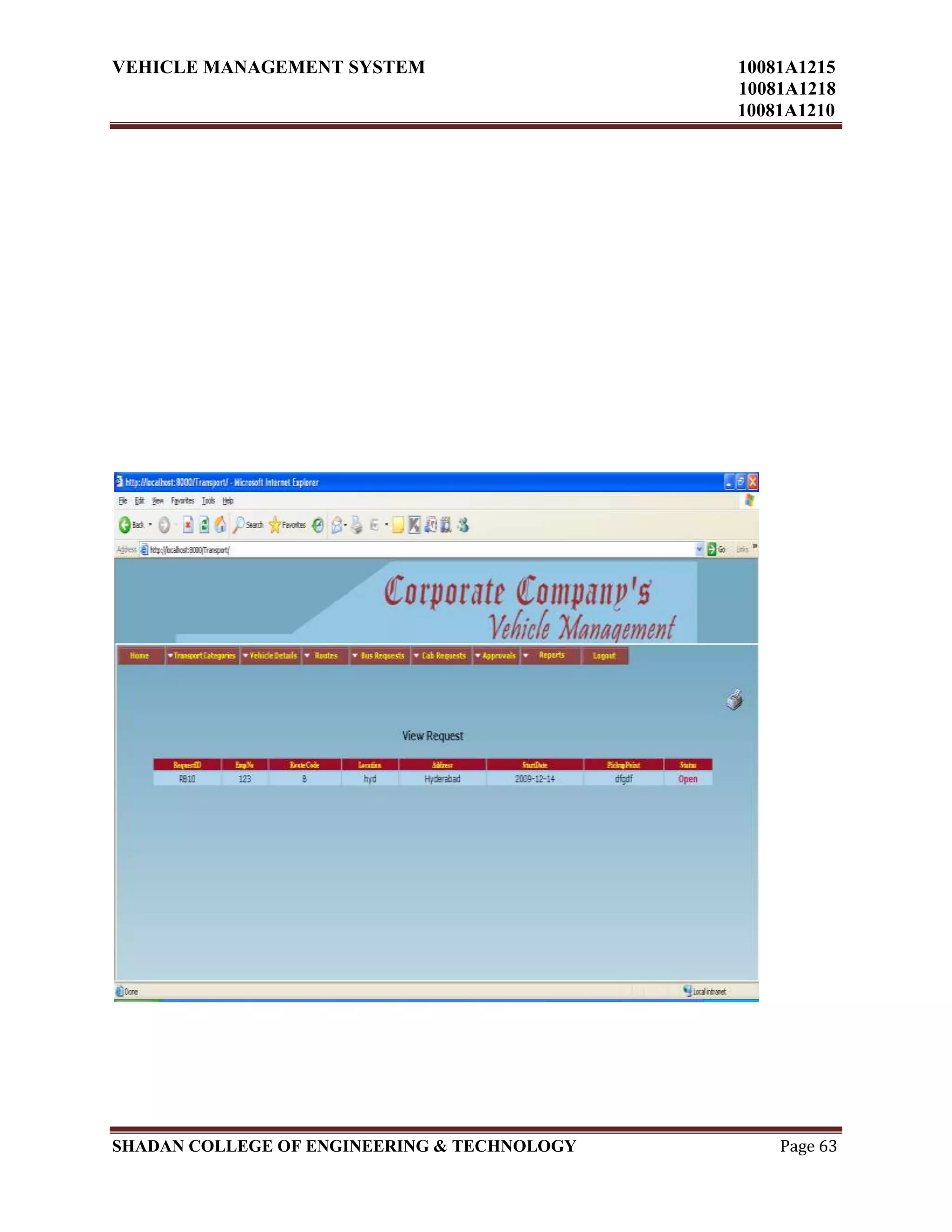 VEHICLE MANAGEMENT SYSTEM 10081A1215
10081A1218
10081A1210
SHADAN COLLEGE OF ENGINEERING & TECHNOLOGY Page 63
 