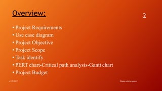 Overview:
Dhaka vehicle system4/17/2017
2
• Project Requirements
• Use case diagram
• Project Objective
• Project Scope
• Task identify
• PERT chart-Critical path analysis-Gantt chart
• Project Budget
 