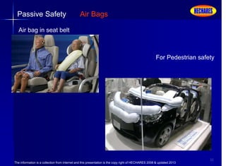 The information is a collection from internet and this presentation is the copy right of HECHARES 2008 & updated 2013
11
Passive Safety Air Bags
Air bag in seat belt
For Pedestrian safety
 