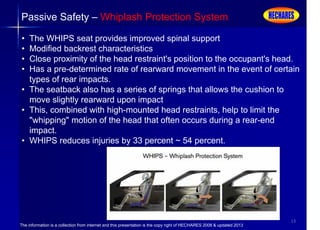 The information is a collection from internet and this presentation is the copy right of HECHARES 2008 & updated 2013
13
Passive Safety – Whiplash Protection System
• The WHIPS seat provides improved spinal support
• Modified backrest characteristics
• Close proximity of the head restraint's position to the occupant's head.
• Has a pre-determined rate of rearward movement in the event of certain
types of rear impacts.
• The seatback also has a series of springs that allows the cushion to
move slightly rearward upon impact
• This, combined with high-mounted head restraints, help to limit the
"whipping" motion of the head that often occurs during a rear-end
impact.
• WHIPS reduces injuries by 33 percent ~ 54 percent.
 