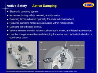 The information is a collection from internet and this presentation is the copy right of HECHARES 2008 & updated 2013
38
Active Safety Active Damping
 Electronic damping system
 Increases driving safety, comfort, and dynamics
 Damping forces adjusted optimally for each individual wheel.
 Required damping forces are calculated within milliseconds.
 Dampers are adjusted quickly.
 Vehicle sensors monitor values such as body, wheel, and lateral acceleration,
 Use them to generate the ideal damping forces for each individual wheel on a
continuous basis.
 