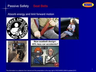The information is a collection from internet and this presentation is the copy right of HECHARES 2008 & updated 2013
8
Absorb energy and limit forward motion
Passive Safety Seat Belts
 