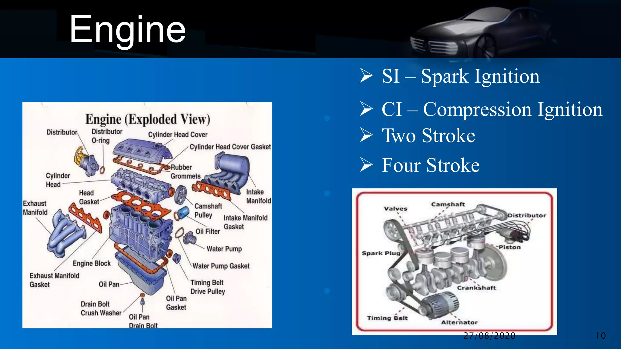 •
•
•
Engine
 SI – Spark Ignition
 CI – Compression Ignition
 Two Stroke
 Four Stroke
27/08/2020 10
 
