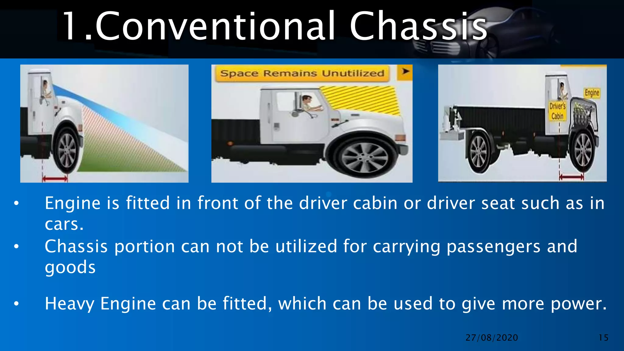 •
•
1.Conventional Chassis
• Engine is fitted in front of the driver cabin or driver seat such as in
cars.
• Chassis portion can not be utilized for carrying passengers and
goods
• Heavy Engine can be fitted, which can be used to give more power.
27/08/2020 15
 