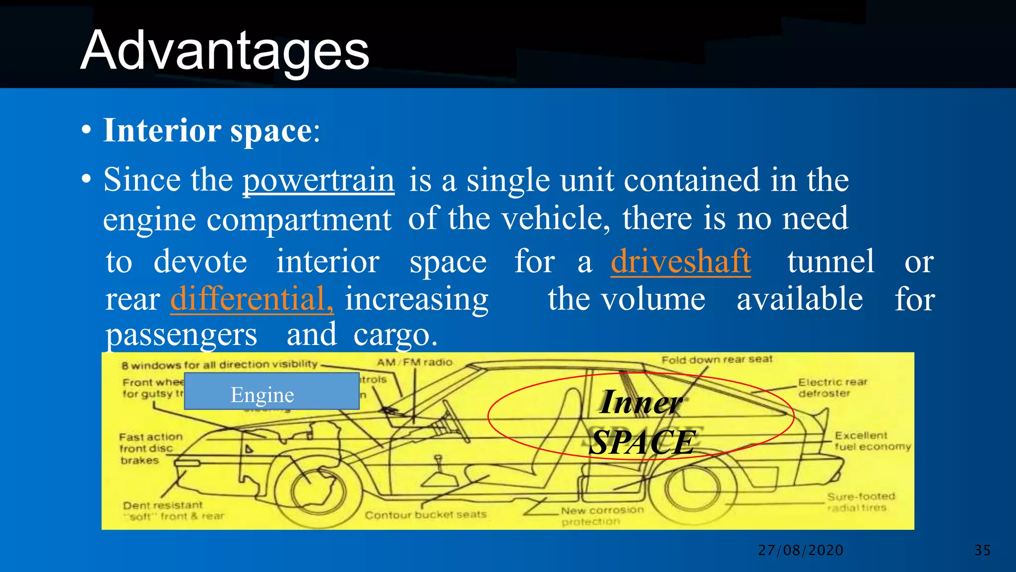 Advantages
• Interior space:
• Since the powertrain
engine compartment
is a single unit contained in the
of the vehicle, there is no need
to devote interior space for a driveshaft tunnel or
forrear differential, increasing the volume available
passengers and cargo.
Inner
SPACE
Engine
27/08/2020 35
 