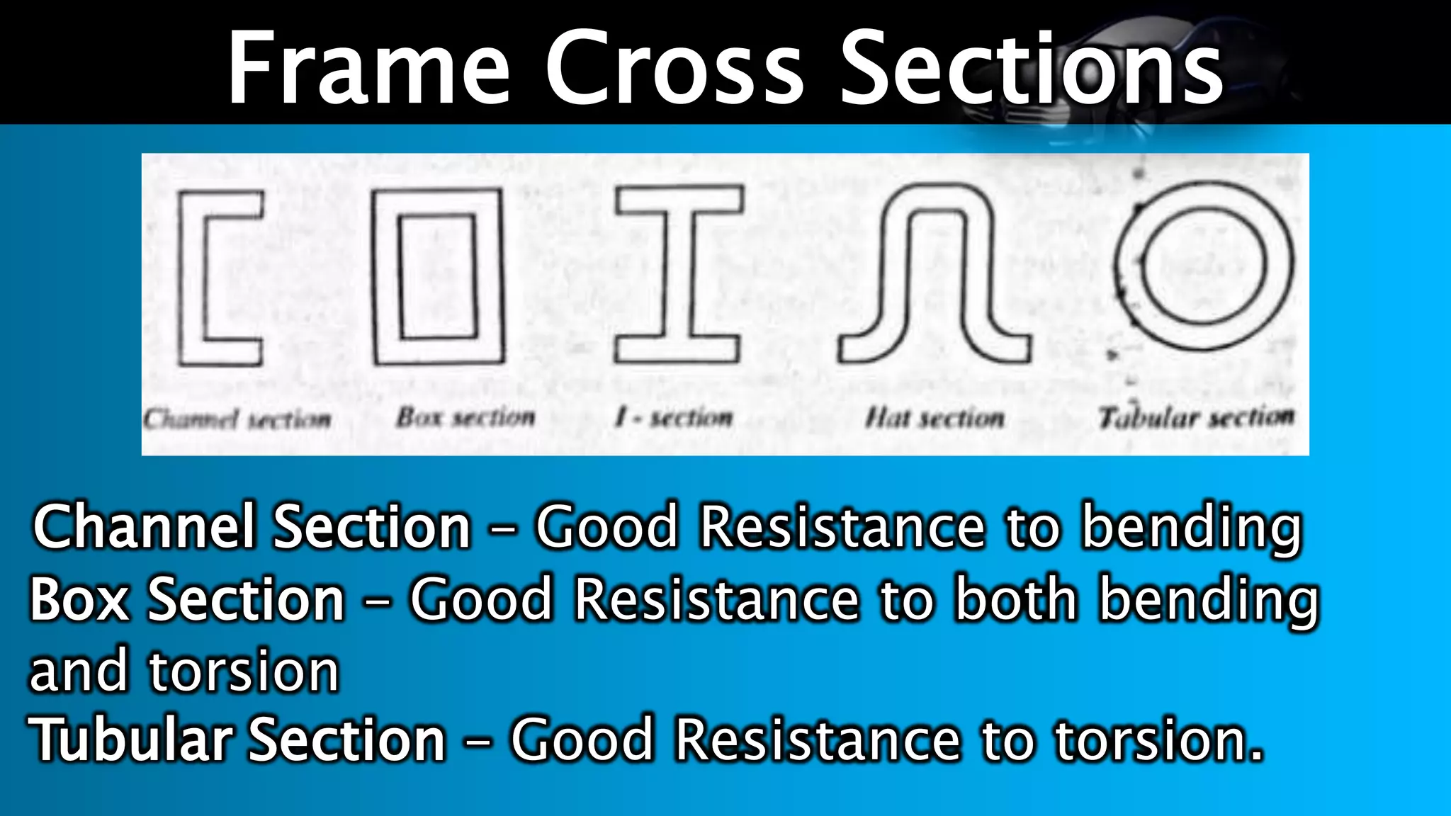 Channel Section – Good Resistance to bending
Box Section – Good Resistance to both bending
and torsion
Tubular Section – Good Resistance to torsion.
Frame Cross Sections
 