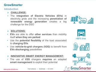www.grow-smarter.eu Final Conference I GrowSmarter I 03.12.2019
GrowSmarter
Introduction
 CHALLENGE:
• The integration of Electric Vehicles (EVs) in
electricity grids and the increasing penetration of
renewable energy generation creates a big
challenge for the DSO
 SOLUTIONS:
• EVs are able to offer other services than mobility
itself when they are parked
• Use the potential flexibility of the load associated
to charging EVs
• Use vehicle-to-grid chargers (V2G) to benefit from
EVs discharging possibilities
 INNOVATIVE SMART ENERGY MANAGEMENT:
• The use of V2G chargers requires an adapted
smart management to exploit their potential
>90% time
 
