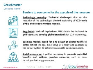 www.grow-smarter.eu Final Conference I GrowSmarter I 03.12.2019
GrowSmarter
Lessons learnt
Technology maturity: Technical challenges due to the
maturity of the technology. Limited availability of V2X-ready
EVSE and electric vehicle models.
Business models: Need for a re-design of energy tariffs to
better reflect the real-time value of energy and capacity in
the power system to achieve sustainable business models.
Social acceptance: it will be necessary to promote potential
benefits and address possible concerns, such as data
security or battery guarantees.
Regulation: Lack of regulations, V2X should be included in
grid codes and develop global standards for V2X technology.
Barriers to overcome for the upscale of the measure
 
