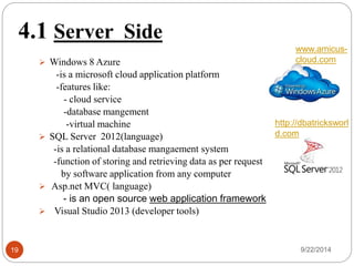 4 User Interface Application 
4.1 Server and Client Side 
4.2 Mechanism 
4.3 Web Application 
4.4 Mobile Application 
4.5 Problem Faced and Solved 
6.6 Limitation 
4.7 Future Enhancement 
19 4.8 conclusion 9/22/2014 
 