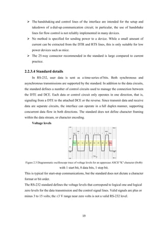  The handshaking and control lines of the interface are intended for the setup and
takedown of a dial-up communication circuit; in particular, the use of handshake
lines for flow control is not reliably implemented in many devices.
 No method is specified for sending power to a device. While a small amount of
current can be extracted from the DTR and RTS lines, this is only suitable for low
power devices such as mice.
 The 25-way connector recommended in the standard is large compared to current
practice.
2.2.3.4 Standard details
In RS-232, user data is sent as a time-series of bits. Both synchronous and
asynchronous transmissions are supported by the standard. In addition to the data circuits,
the standard defines a number of control circuits used to manage the connection between
the DTE and DCE. Each data or control circuit only operates in one direction, that is,
signaling from a DTE to the attached DCE or the reverse. Since transmit data and receive
data are separate circuits, the interface can operate in a full duplex manner, supporting
concurrent data flow in both directions. The standard does not define character framing
within the data stream, or character encoding.
Voltage levels
Figure 2.3 Diagrammatic oscilloscope trace of voltage levels for an uppercase ASCII "K" character (0x4b)
with 1 start bit, 8 data bits, 1 stop bit.
This is typical for start-stop communications, but the standard does not dictate a character
format or bit order.
The RS-232 standard defines the voltage levels that correspond to logical one and logical
zero levels for the data transmission and the control signal lines. Valid signals are plus or
minus 3 to 15 volts; the ±3 V range near zero volts is not a valid RS-232 level.
19
 