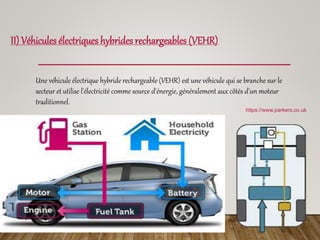 II) Véhicules électriques hybrides rechargeables (VEHR)
Une véhicule électrique hybride rechargeable (VEHR) est une véhicule qui se branche sur le
secteur et utilise l'électricité comme source d'énergie, généralement aux côtés d'un moteur
traditionnel.
https://www.parkers.co.uk
 