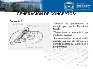 GENERACIÓN DE CONCEPTOS:
*Sistema de generación de
energía por medio Perpetuum
Mobile.
*Transmisión de movimiento por
medio de correas.
*Implementación de la dirección
usando una leva de cilindro que
permite generar de forma fácil la
programación
Concepto 3
 