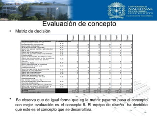 Evaluación de concepto
• Matriz de decisión
* Se observa que de igual forma que en la matriz pasa no pasa el concepto
con mejor evaluación es el concepto 5. El equipo de diseño ha decidido
que este es el concepto que se desarrollara.
 