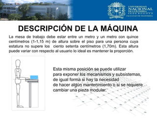 DESCRIPCIÓN DE LA MÁQUINA
La mesa de trabajo debe estar entre un metro y un metro con quince
centímetros (1-1,15 m) de altura sobre el piso para una persona cuya
estatura no supere los ciento setenta centímetros (1,70m). Esta altura
puede variar con respecto al usuario lo ideal es mantener la proporción.
Esta misma posición se puede utilizar
para exponer los mecanismos y subsistemas,
de igual forma si hay la necesidad
de hacer algún mantenimiento o si se requiere
cambiar una pieza modular.
 