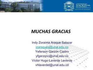 MUCHAS GRACIAS
Indy Zoraima Araque Salazar
izaraques@unal.edu.co
Yeferson Garzón Castro
yfgarzonc@unal.edu.co
Víctor Hugo Laverde Laverde
vhlaverdel@unal.edu.co
 