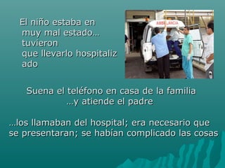 EEll nniiññoo eessttaabbaa eenn 
mmuuyy mmaall eessttaaddoo…… 
ttuuvviieerroonn 
qquuee lllleevvaarrlloo hhoossppiittaalliizz 
aaddoo 
SSuueennaa eell tteellééffoonnoo eenn ccaassaa ddee llaa ffaammiilliiaa 
……yy aattiieennddee eell ppaaddrree 
……llooss llllaammaabbaann ddeell hhoossppiittaall;; eerraa nneecceessaarriioo qquuee 
ssee pprreesseennttaarraann;; ssee hhaabbííaann ccoommpplliiccaaddoo llaass ccoossaass 
 