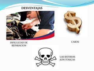 DESVENTAJAS




DIFICULTAD DE                 CAROS
 REPARACION



                      LAS BATERIAS
                      SON TOXICAS
 