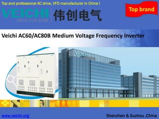 Top manufacturer of AC drive in China!
Creative Technology, Service leading!
www.veichi.org Shenzhen & Suzhou ,China
Veichi AC60/AC80B Medium Voltage Frequency Inverter
Top and professional AC drive, VFD manufacturer in China !
Top brand
 