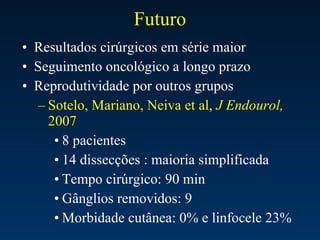 Futuro Resultados cirúrgicos em série maior Seguimento oncológico a longo prazo Reprodutividade por outros grupos Sotelo, Mariano, Neiva et al,  J Endourol,  2007 8 pacientes 14 dissecções : maioria simplificada  Tempo cirúrgico: 90 min Gânglios removidos: 9 Morbidade cutânea: 0% e linfocele 23%  