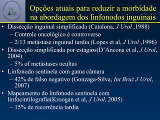 Opções atuais para reduzir a morbidade na abordagem dos linfonodos inguinais Dissecção inguinal simplificada (Catalona,  J Urol  ,1988)  Controle oncológico é controverso 2/13 metástase inguinal tardia (Lopes et al,  J Urol  ,1996)  Dissecção simplificada por estágios(D’Ancona et al,  J Urol , 2004) 5% of metástases ocultas Linfonodo sentinela com gama câmara 42% de falso negativo (Gonzaga-Silva,  Int Braz J Urol , 2007) Mapeamento do linfonodo sentinela com linfocintilografia(Kroogan et al,  J Urol , 2005) 15% de recorrência tardia 