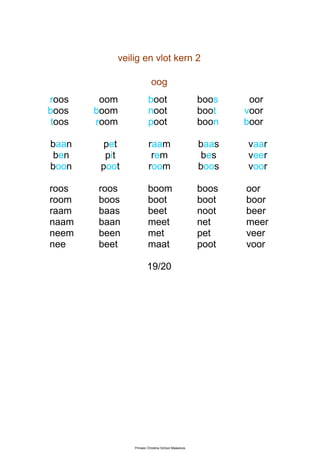 veilig en vlot kern 2

                          oog
roos     oom            boot                         boos    oor
boos    boom            noot                         boot   voor
 toos   room            poot                         boon   boor

baan      pet            raam                        baas   vaar
 ben      pit             rem                         bes   veer
boon     poot            room                        boos   voor

roos    roos            boom                         boos   oor
room    boos            boot                         boot   boor
raam    baas            beet                         noot   beer
naam    baan            meet                         net    meer
neem    been            met                          pet    veer
nee     beet            maat                         poot   voor

                        19/20




                Prinses Christina School Maassluis
 
