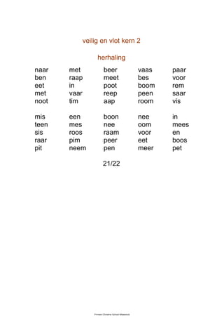 veilig en vlot kern 2

                herhaling
naar   met            beer                         vaas   paar
ben    raap           meet                         bes    voor
eet    in             poot                         boom   rem
met    vaar           reep                         peen   saar
noot   tim            aap                          room   vis

mis    een            boon                         nee    in
teen   mes            nee                          oom    mees
sis    roos           raam                         voor   en
raar   pim            peer                         eet    boos
pit    neem           pen                          meer   pet

                      21/22




              Prinses Christina School Maassluis
 