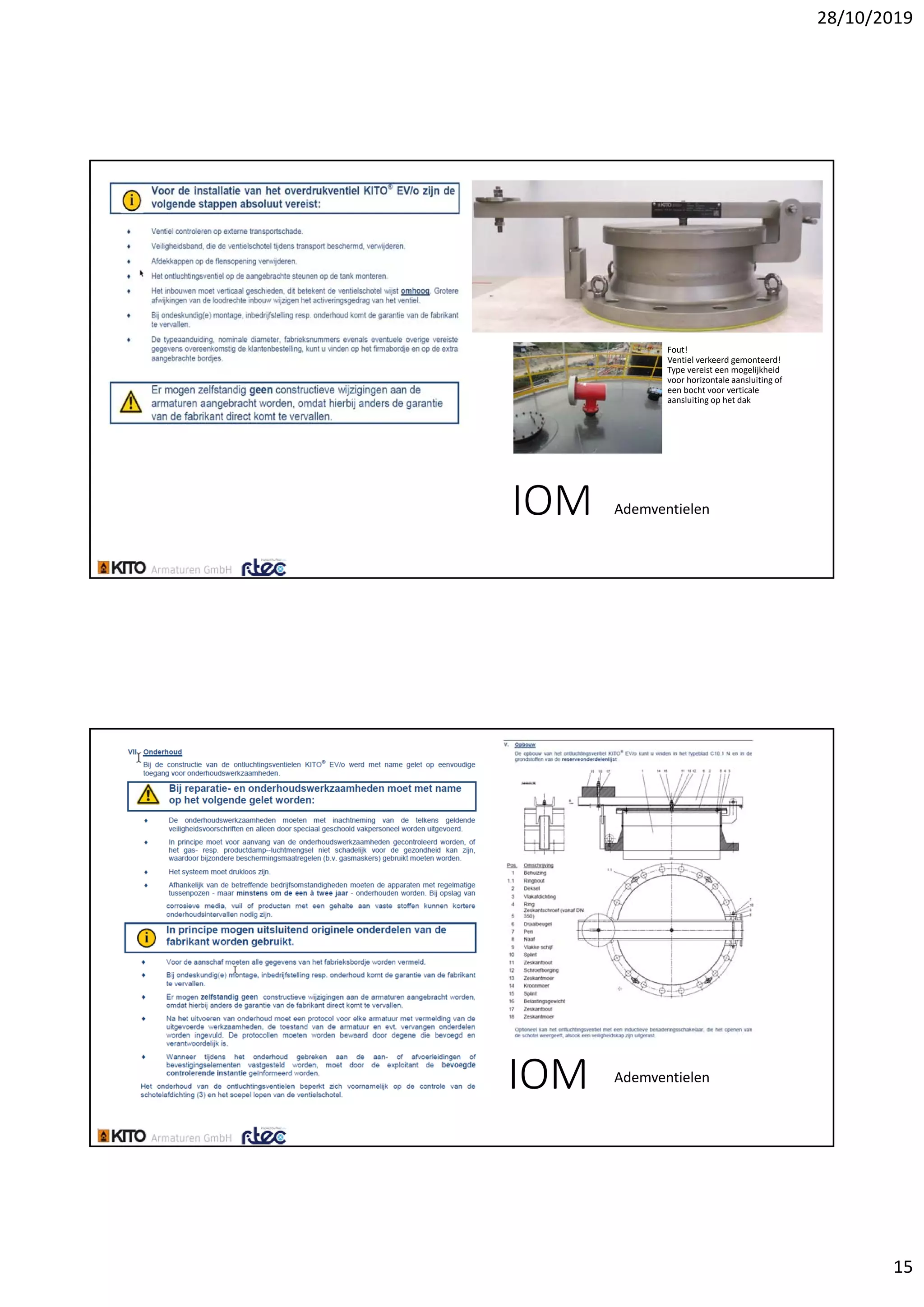 28/10/2019
15
IOM Ademventielen
Fout! 
Ventiel verkeerd gemonteerd! 
Type vereist een mogelijkheid 
voor horizontale aansluiting of 
een bocht voor verticale 
aansluiting op het dak
IOM Ademventielen
 