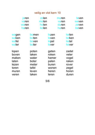 veilig en vlot kern 10
         jaren           zolen           muren            leven
        varen            molen           vuren           weven
        waren            holen           duren           zeven
        haren            kolen           huren           beven

wagen            bomen           lezen           kelen
waken            boten           leven           keken
wafel            boven           lepel           ketel
water            boter           lever           kever

lopen            poten           gaten           zadel
boven            laken           roken           veter
maken            water           hamer           vogel
laten            boter           palen           raken
lezen            meter           buren           rover
toren            tafel           wonen           zegel
muren            leven           heren           horen
veren            laken           leren           duren

                             5/6
 