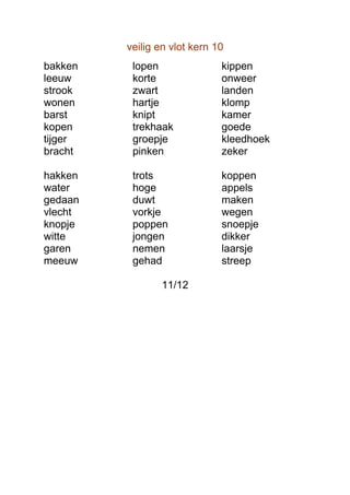 veilig en vlot kern 10
bakken    lopen               kippen
leeuw     korte               onweer
strook    zwart               landen
wonen     hartje              klomp
barst     knipt               kamer
kopen     trekhaak            goede
tijger    groepje             kleedhoek
bracht    pinken              zeker

hakken    trots               koppen
water     hoge                appels
gedaan    duwt                maken
vlecht    vorkje              wegen
knopje    poppen              snoepje
witte     jongen              dikker
garen     nemen               laarsje
meeuw     gehad               streep

                11/12
 