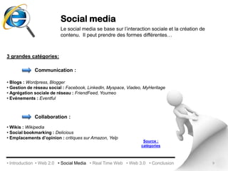 A partir de ses 5 aspects du web 2.0 sont nés des outils qui viennent améliorer et faciliter le web 2.0.Stockage de documents Outils de bureautiqueTraitement des imagesLecteur de Flux RSS  Messagerie Instantanée  Wikis, Blogs  Messagerie InstantanéeSource : outils6• Introduction  • Web 2.0   • Social Media   • Real Time Web   • Web 3.0   • Conclusion