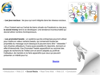 Social mediaLe social media se base sur l’interaction sociale et la création de contenu.  Il peut prendre des formes différentes…3 grandes catégories:Communication :Blogs : Wordpress, Blogger