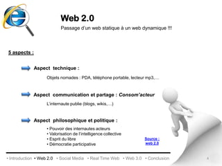 Web 2.0Passage d’un web statique à un web dynamique !!!5 aspects :Aspect  technique :Objets nomades : PDA, téléphone portable, lecteur mp3,…  Aspect  communication et partage : Consom’acteurL’internaute publie (blogs, wikis,…)Aspect  philosophique et politique : Pouvoir des internautes acteurs