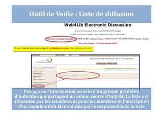 Outil de Veille : Liste de diffusion
Partage de l’information au sein d’un groupe prédéfini
d’individus qui partagent un même centre d’intérêt. La liste est
alimentée par les membres et pour les membres et l’inscription
d’un membre doit être validée par le responsable de la liste
 