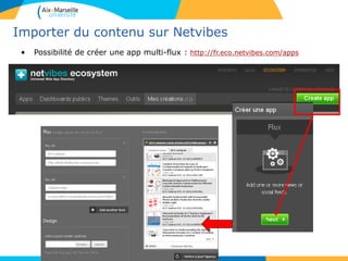 Importer du contenu sur Netvibes
• Possibilité de créer une app multi-flux : http://fr.eco.netvibes.com/apps
 