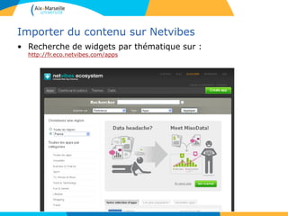 Importer du contenu sur Netvibes
• Recherche de widgets par thématique sur :
http://fr.eco.netvibes.com/apps
 