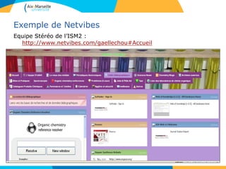 Exemple de Netvibes
Equipe Stéréo de l’ISM2 :
http://www.netvibes.com/gaellechou#Accueil
 