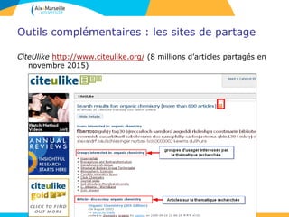 Outils complémentaires : les sites de partage
CiteUlike http://www.citeulike.org/ (8 millions d’articles partagés en
novembre 2015)
 
