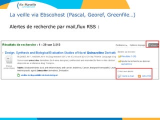 La veille via Ebscohost (Pascal, Georef, Greenfile…)
Alertes de recherche par mail,flux RSS :
 