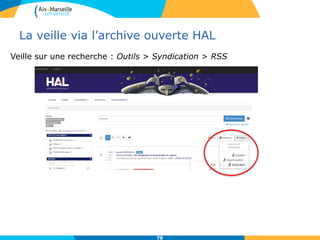 La veille via l’archive ouverte HAL
78
Veille sur une recherche : Outils > Syndication > RSS
 