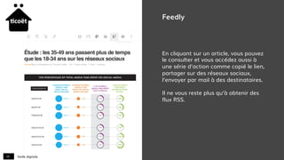 Veille digitale10
Feedly
En cliquant sur un article, vous pouvez
le consulter et vous accédez aussi à
une série d’action comme copié le lien,
partager sur des réseaux sociaux,
l’envoyer par mail à des destinataires.
Il ne vous reste plus qu’à obtenir des
flux RSS.
 