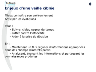 Mieux connaître son environnement
Anticiper les évolutions
Pour :
- Suivre, cibler, gagner du temps
- Lutter contre l’infobésité
- Aider à la prise de décision
En :
- Maintenant un flux régulier d’informations appropriées
dans des champs d’intérêts précis
- Analysant, évaluant les informations et partageant les
connaissances produites
Enjeux d’une veille ciblée
 