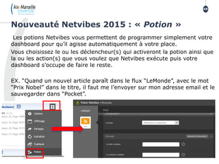 Les potions Netvibes vous permettent de programmer simplement votre
dashboard pour qu’il agisse automatiquement à votre place.
Vous choisissez le ou les déclencheur(s) qui activeront la potion ainsi que
la ou les action(s) que vous voulez que Netvibes exécute puis votre
dashboard s’occupe de faire le reste.
EX. “Quand un nouvel article paraît dans le flux “LeMonde”, avec le mot
“Prix Nobel” dans le titre, il faut me l’envoyer sur mon adresse email et le
sauvegarder dans “Pocket”.
Nouveauté Netvibes 2015 : « Potion »
49
 