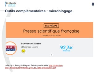 Urfist Lyon, François Magnan: Twitter pour la veille, http://urfist.univ-
lyon1.fr/files/2016/07/twitter_pour_la_veille-presentation.pdf
Outils complémentaires : microblogage
69
 