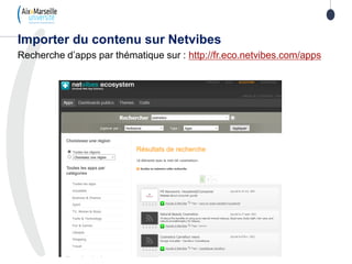 Recherche d’apps par thématique sur : http://fr.eco.netvibes.com/apps
Importer du contenu sur Netvibes
 