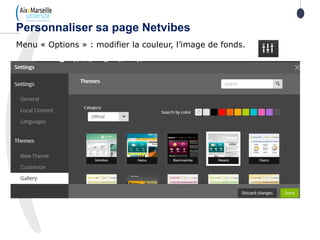 Menu « Options » : modifier la couleur, l’image de fonds.
Personnaliser sa page Netvibes
 
